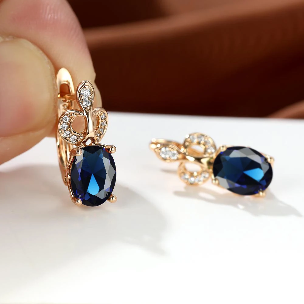 

Oval Royal Blue Zircon Flower Dangle Earrings for Women Rose Gold Color Charming Elegant Ear Buckle Clips Bridal Wedding Jewelry