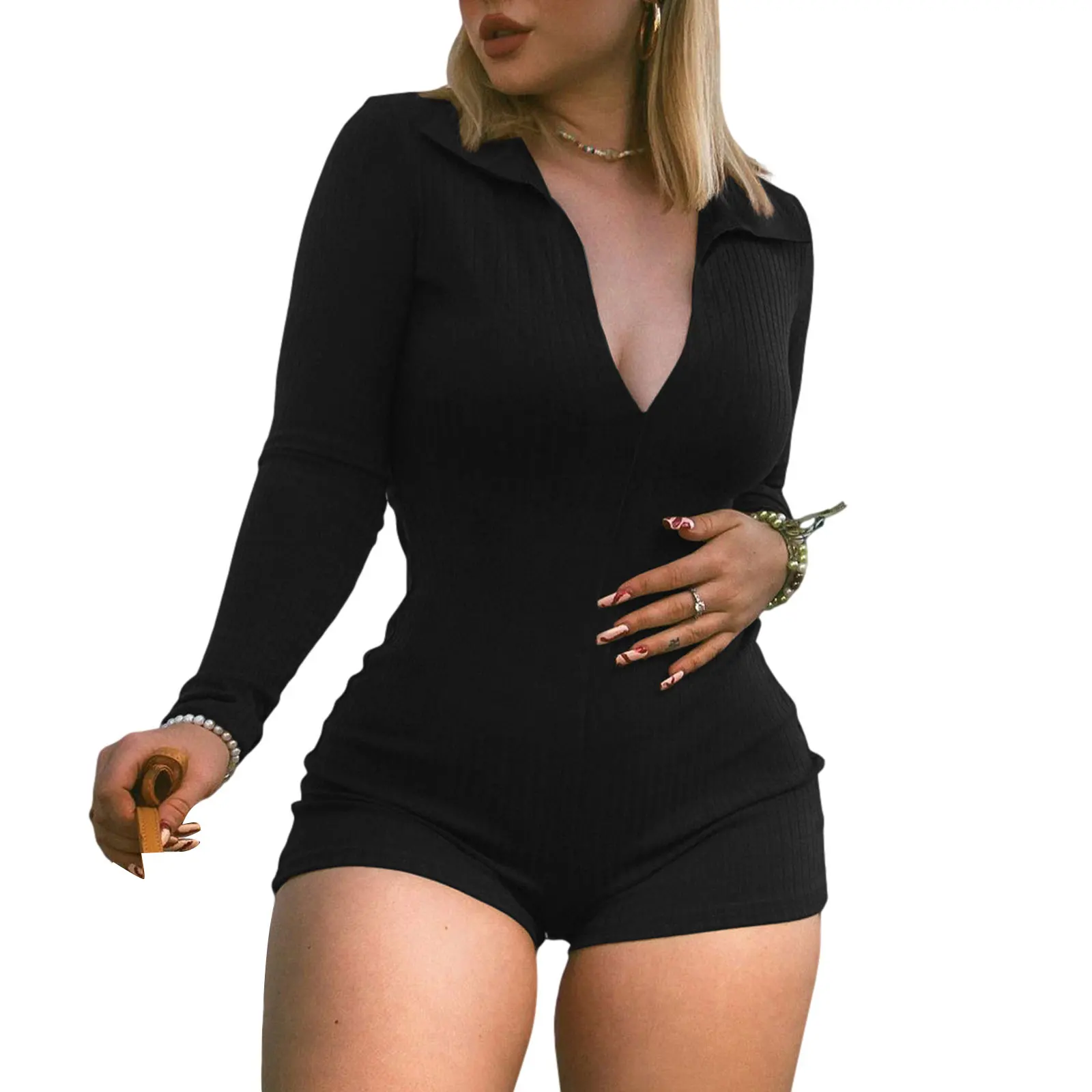 

Женский Повседневный Облегающий комбинезон с высокой талией, модный однотонный комбинезон с V-образным вырезом и длинным рукавом