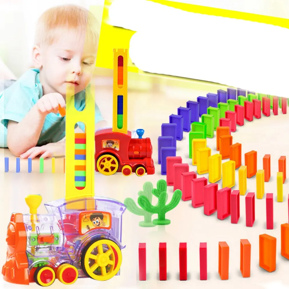 Children's Domino Train Car kit With Sound Light Automatic Emission Set Up Blocks Elevator Springboard Bridge kids Toys | Игрушки и
