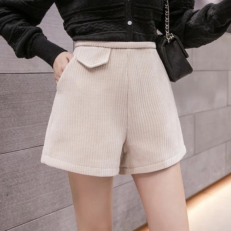 

Осень-зима 2020, женские шорты, модные вельветовые тонкие однотонные Женские повседневные свободные шорты с широкими штанинами и высокой тал...