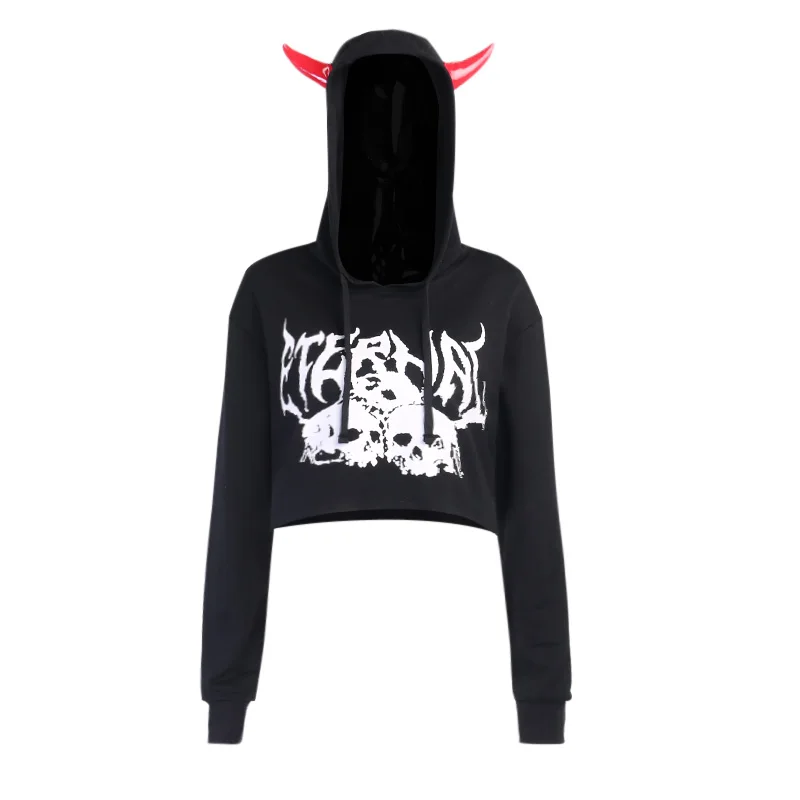 

Instunning Gothic Harajuku Skulls Print Black Hoodies Women Punk Long Sleeve Crop Top Pullover Hooded Casual Fashion Streetwear