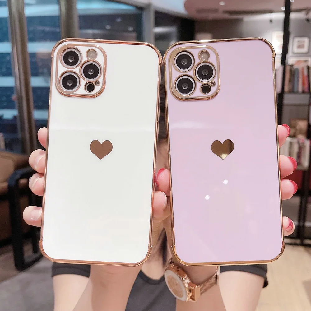 

Electroplating Bumper Love Heart Phone Case For iPhone 13 12 11 Pro Max XR X XS Max 7 8 Plus SE 2020 Soft Shockproof Back Cover