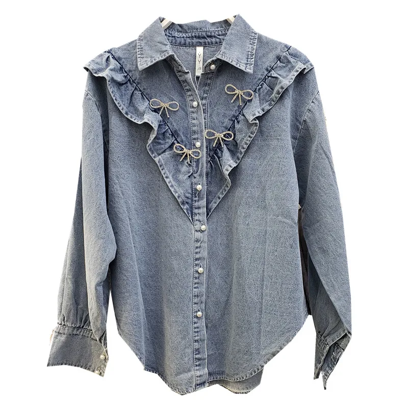 

2021 New Spring Blue Jeans Shirt Long Sleeved Denim Shirts Women's Ruffle Blouse Top Diamonds Bow Leisure Blouses Female Blusas