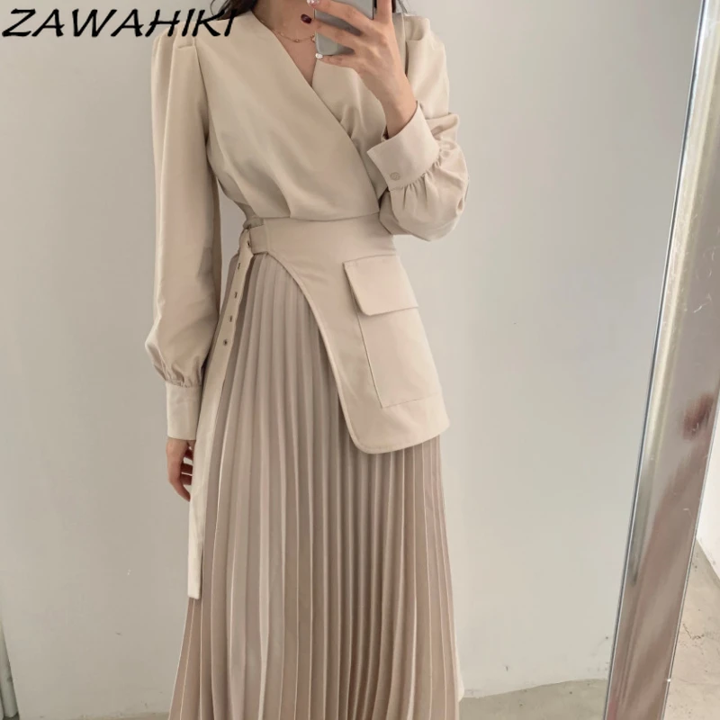 

ZAWAHIKI Pleated Dress Long Sleeve V Neck Slim Vestidos De Mujer Solid Patchwork Irregular High Waist Belt Dresses for Women