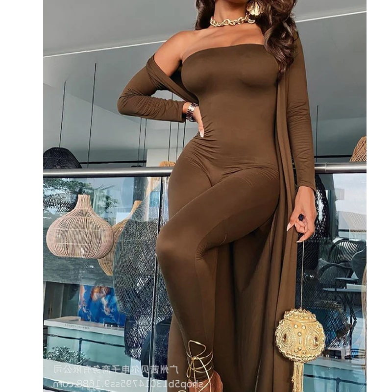 

Mandylandy Tube Top Jumpsuit Sets Women Strapless Cardigan Outwear Sets 2 Piece Sets Outfits Pencil Pants High Waist Cardigan