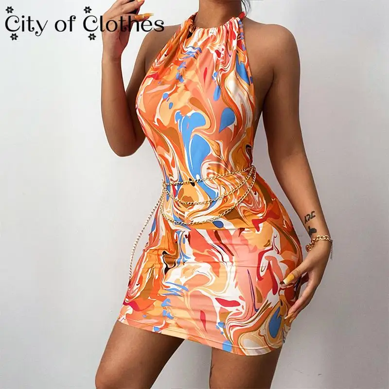 

2021 Y2K Vintage Halter Backless Printing Sleeveless Mini Dress For Women Lace Up Color Summer Beach Club Sexy Bohemian Vestidos