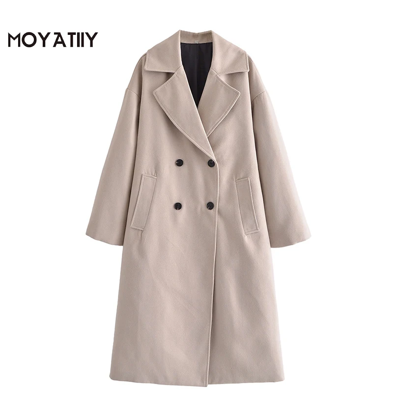 

MOYATIIY 2022 модное бежевое зимнее плотное шерстяное пальто двубортное офисное Женское пальто с длинным рукавом Женские топы