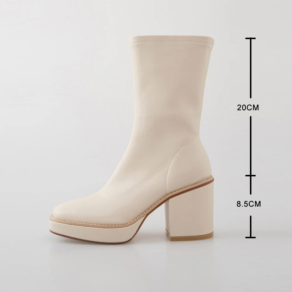 

Beige Nature Full Genuine Leather Chelsea Boots Womne Thick High Heels Square Toe Spring Autumn Casual Ankle Boots Women Botas