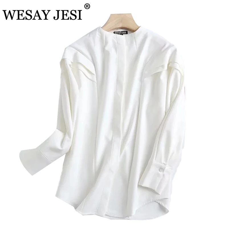 

WESAY JESI Women‘s’ Blouse Style Fashion 2021 Office Lady V-Neck Ruffles Decoration Casual Solid White Soft Shirt Chic Tops