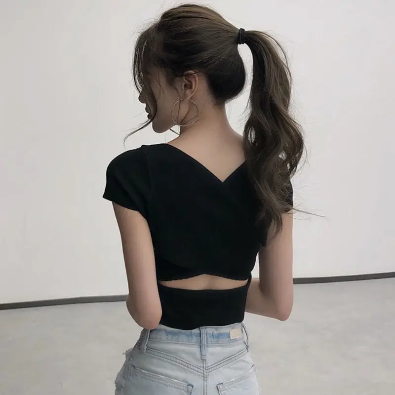 

Open back short T-shirt open navel short sleeve sexy women's top