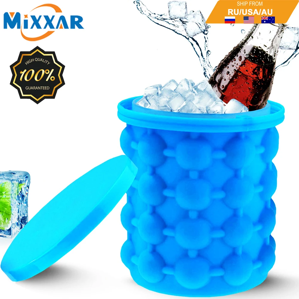 Dropshipping Portable 2 in 1 Large Silicone Ice Bucket Mold with Lid Space Saving Cube Maker Tools for Kitchen Party Barware