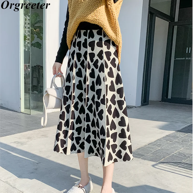 

Sweet Love pattern Jacquard Knitted Skirts 2020 New Korean Chic High-waist Mid-calf Pleated Long Skirts