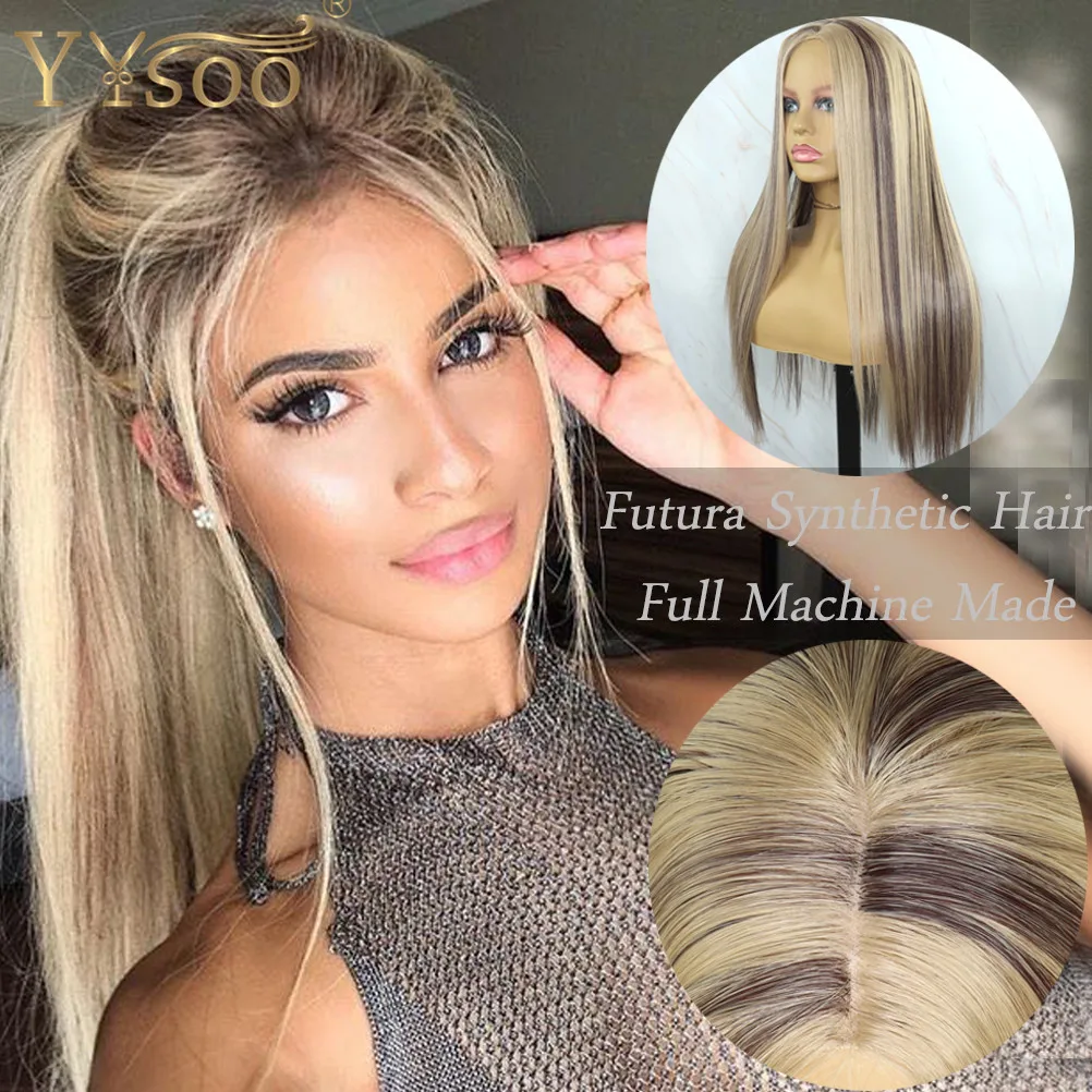 Long Silky Straight Futura Synthetic Hair Wigs Natural Hairline Ombre Full Machine Made Blonde Wig