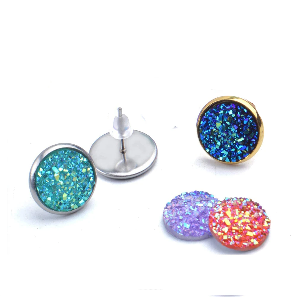 

100 Pcs 12 mm Faux Druzy Resin Cabochons with 20 Pcs Blank Stud Earring Bezel Setting and 20 Pcs Clear Earring Backs-10 Colors