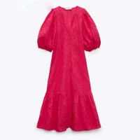 casual summer red embroidery cotton dress v neck short sleeve hollow out ladies long dresses for women 2021 robe femme