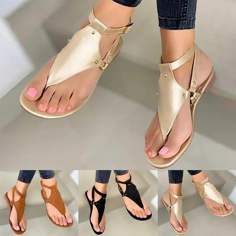 

Litthing Women Sandals Summer 2021 Solid Buckle Flip Flops Sandals Shoes Beach Ladies Plus Size Gladiator Cross-tied 36-43