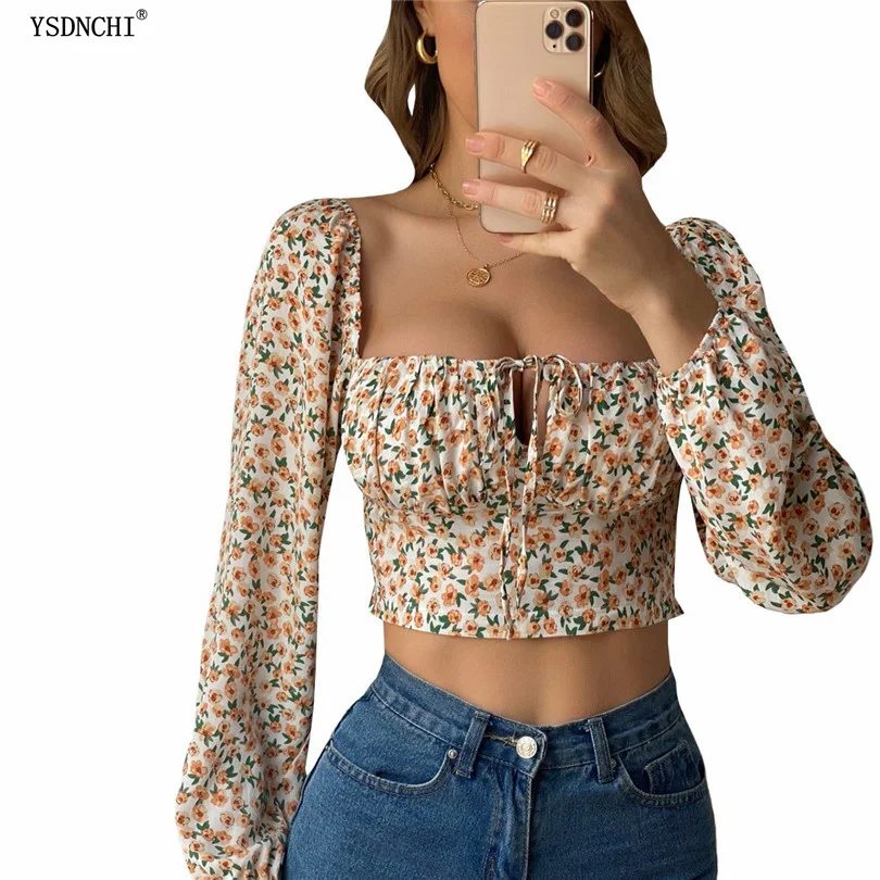 

YSDNCHI Square Collar Shirts Women Summer Casual Basic Sexy Blouse Streetwear Beige Floral Long Sleeve Tops 2021 New Design