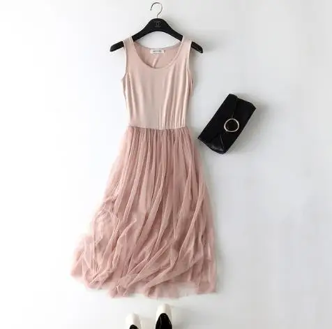 

2020 New Sexy Spaghetti Strap Patchwork Mesh Dress Women Spring Summer Gauze Lace Tank Dress Basic Sundress Party Vestidos