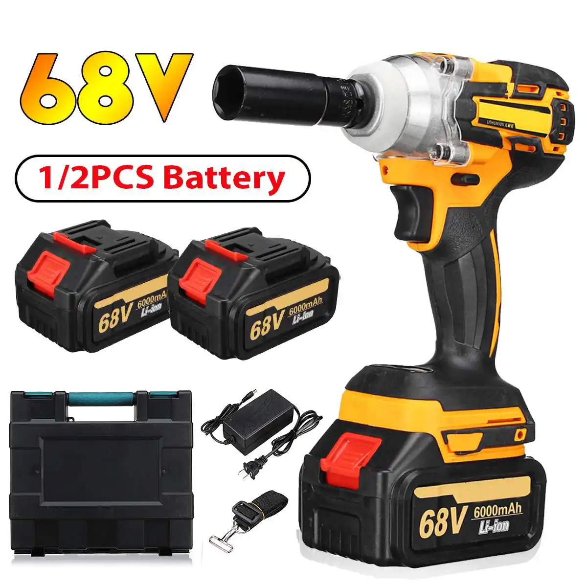 

68V 380N.m Brushless Electric Impact Wrench Hand Drill Installation 1/2 inch Power Tools With 2X 6000mAh Li Battery+Tool Box