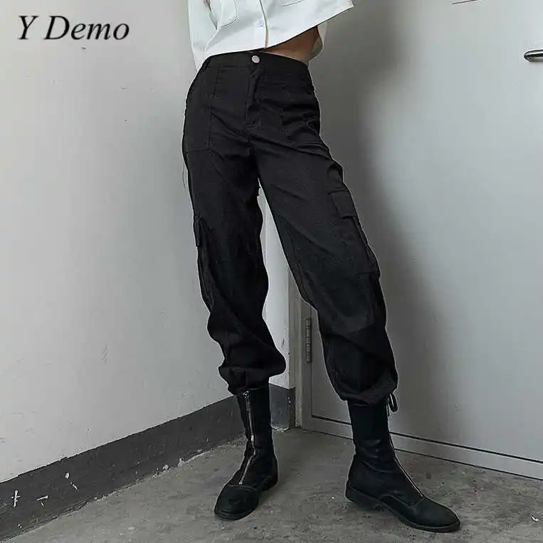 

Techwear Safari Style Solid Color Pants Women High Waist Pocket Button Female Cargo Pants 2020