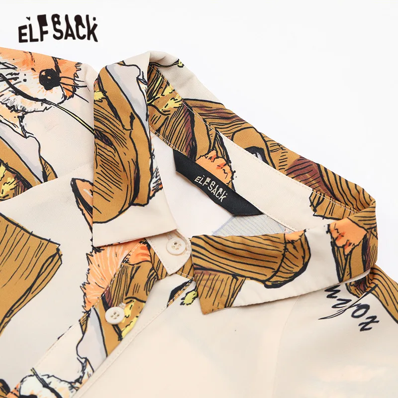 ELFSACK с принтом лисы, винтажная шифоновая блузка, рубашки для женщин,, зимний Корейский стиль, на одной пуговице, рукав-фонарик, офисный женский топ