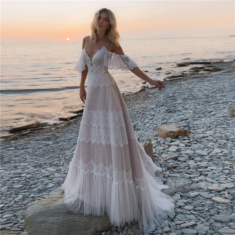 

Beach Wedding Dresses Boho Bride Dress 2022 Lace Applique Straps Off the Shoulder A-Line Bohemian Bridal Gowns Vestidos De Noiva