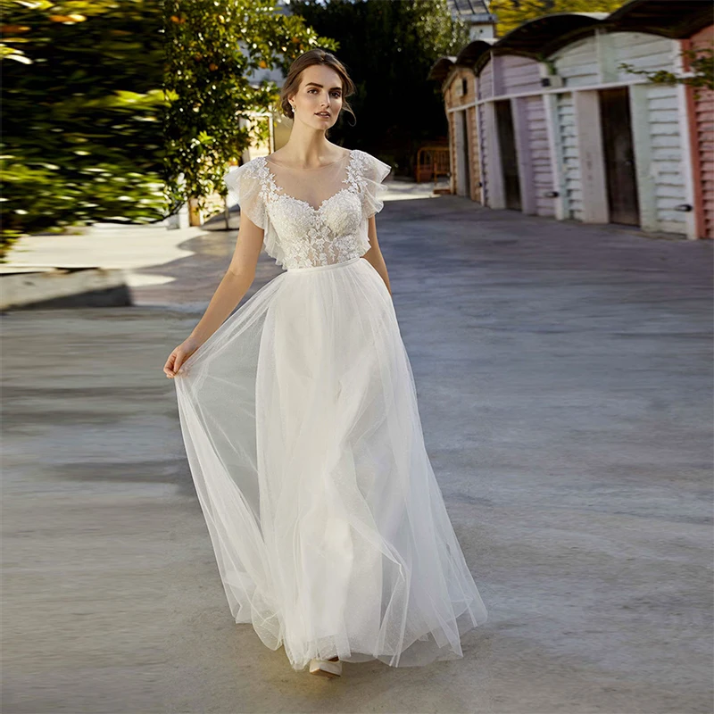 Купи Gorgeous A-Line Lace Appliques Tulle Modern Wedding Dresses Sleeveless Scoop Neck See Through Bride Gowns Vestido De Casamento за 4,683 рублей в магазине AliExpress