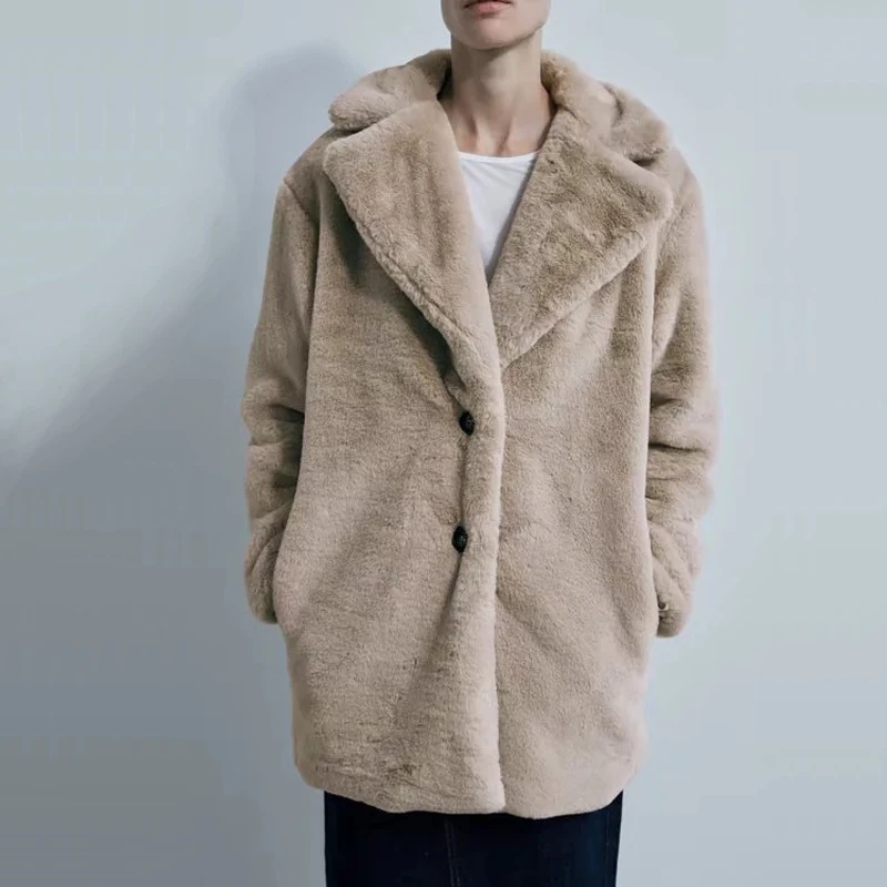 

Winter women's casual solid color single-breasted faux fur coat jacket