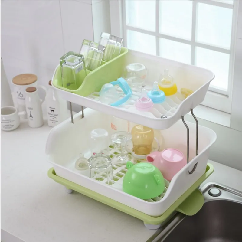 Двухуровневая кухонная полка толстая Пластиковая Полка для слива посуды миски и