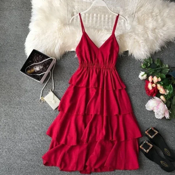 2019 летнее шифоновое Каскадное плиссированное платье Для женщин V образным