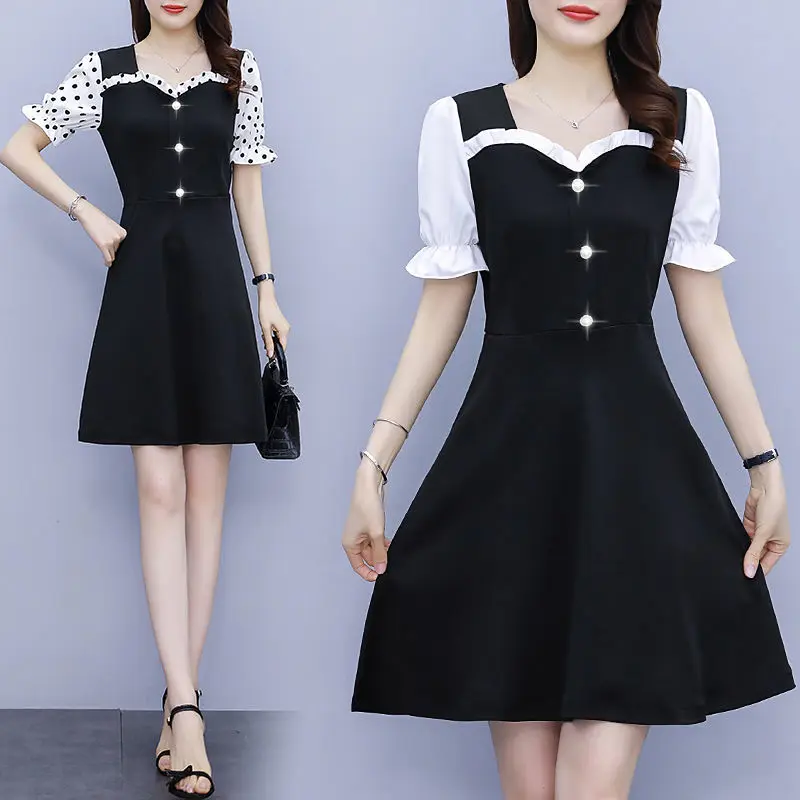 

Waist Slimming Plus Size One-Piece Mid-length Dress High Elastic Short Sleeve 2021 Summer New Women's Clothing