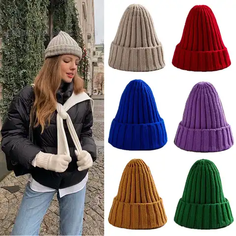 Зимняя вязаная шапка для женщин, шапка унисекс из акрила, эластичная теплая шапка в стиле хип-хоп, мягкая мешковатая шапка