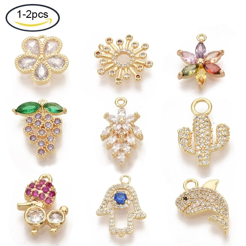 

2PCS Brass Micro Pave Cubic Zirconia Pendants Gold Plated Flower Colorful 17x13.5x3.5mm Hole: 1mm