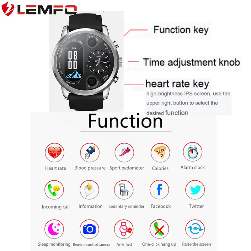LEMFO T3pro, двойной дисплей, водонепроницаемые, умные часы для мужчин, два часовых пояса, умные часы, спортивные и коммерческие, трекер здоровья, мужские часы