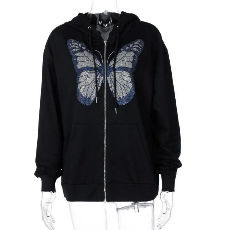 

Butterfly Graphic Rhinestone Y2k Oversized Zip Up Hoodie Women Fall 2020 Long Sleeve 2000s Aesthetic Streetwear Autumn Clothes