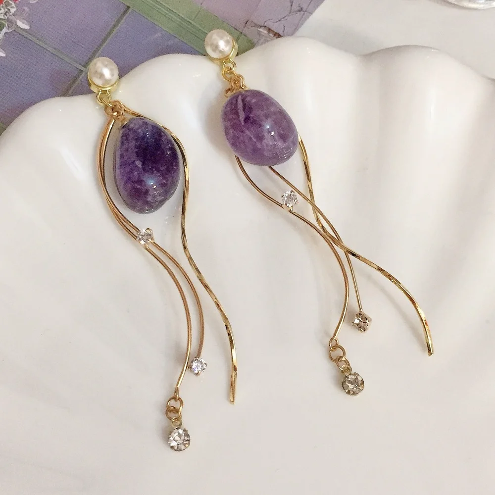 

Korean Tassel Amethyst Earrings Reiki Heal Long Geometric Pendant Pearl Zircon Income Women's Earrings Wedding Gift Jewelry 2021