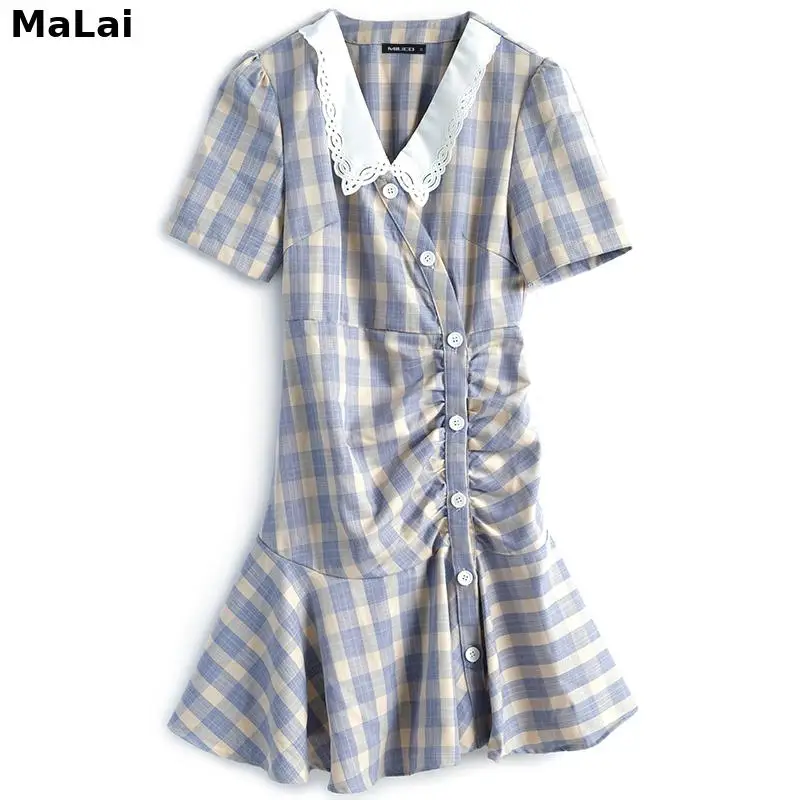 

Fairycore Mini Dress Plaid Print Doll Collar FoldsPatchwork Lace Summer Short Sleeve Fashion Women Party Elegant Mermaid Dresses