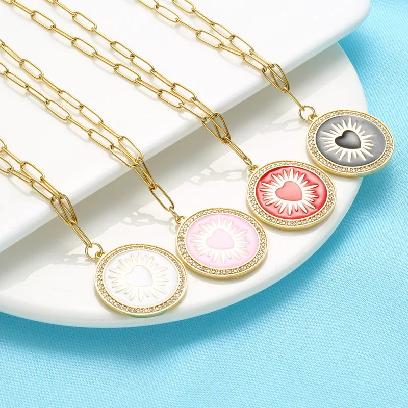 

Y2K Colorful Enamel Love Pendant Necklace Gothic CZ Inlaid Zircon Disc Long Necklace For Best Friendship Fine Party Jewelry Gift