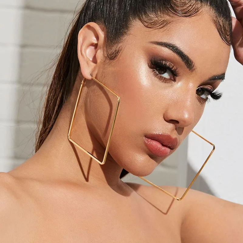 

Fashion Gold Silver Oversize Hoop Earring For Women Wide Big Metal Round Circle Square Geometry Earrings 2021 Trend Jewelry Gift