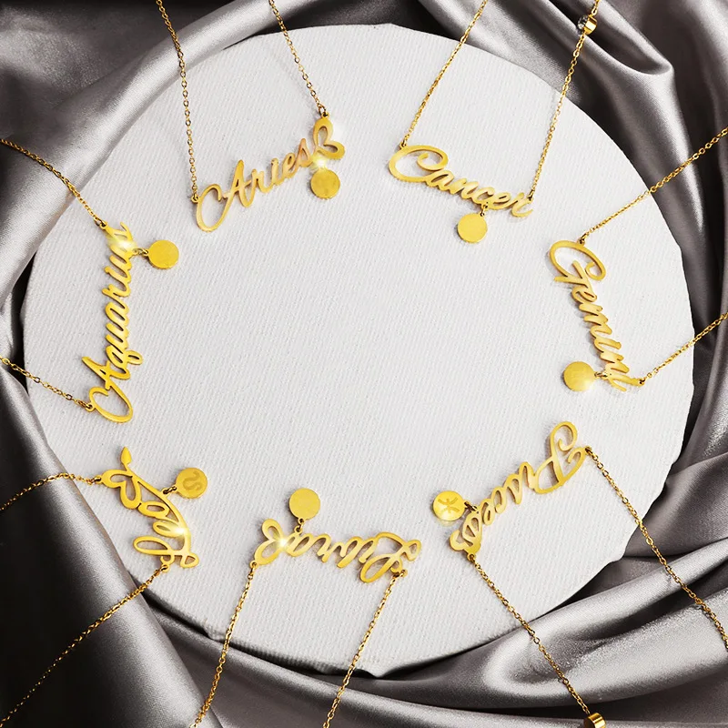 

12pcs/Set Cursive Zodiac Letter Pendant Necklace CZ Constellation Sign Choker Necklace Stainless Steel Chain Collier BFF Jewelry