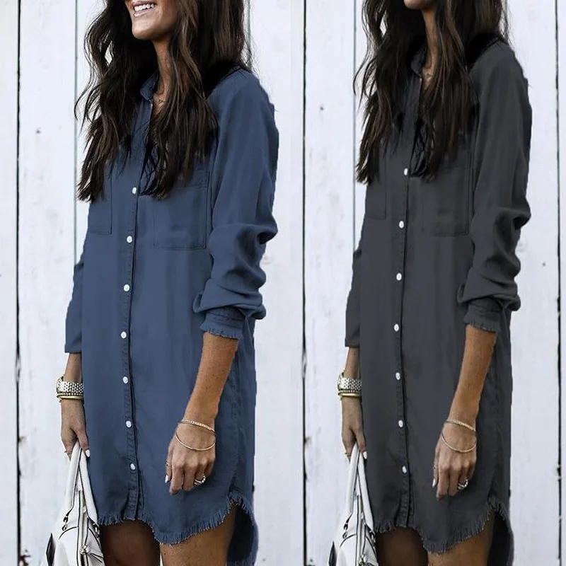 Autumn Women Jeans Tops Turn-down Collar Loose Party Clothes Long Sleeve Fashion Casual Tassel Plus Size 5xl Denim Shirt Dress |