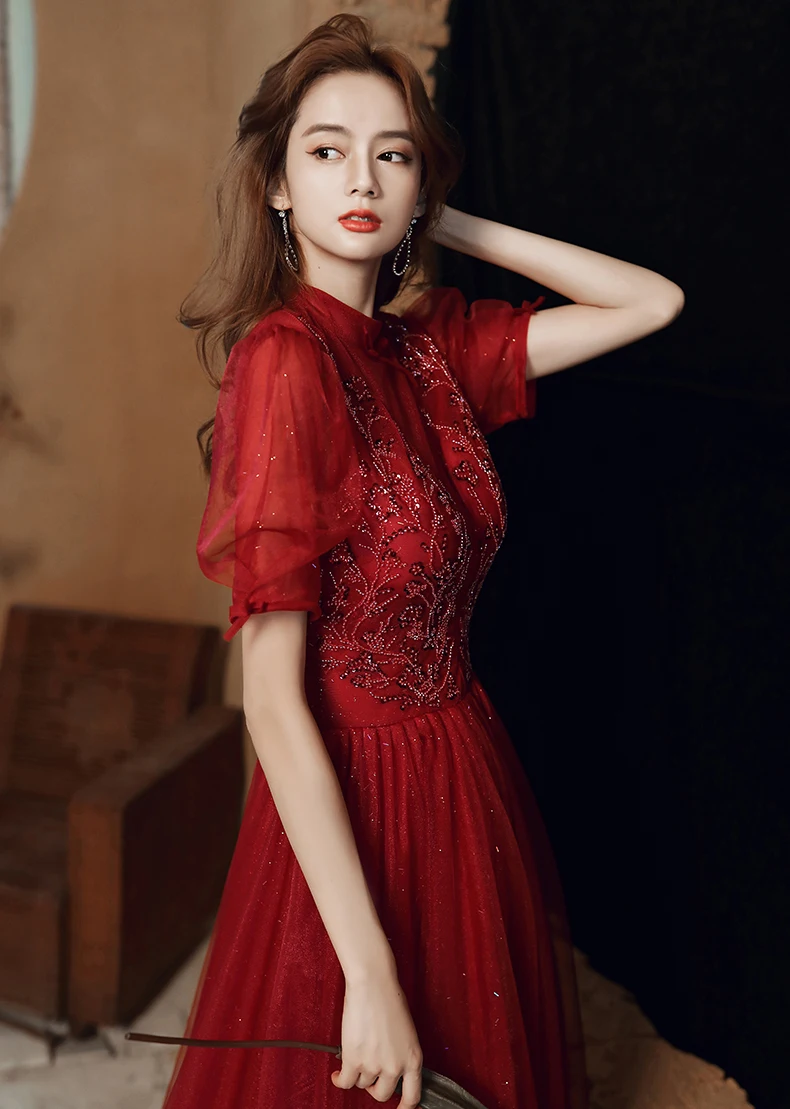 Женское вечернее платье с круглым вырезом AnXin SH винно-Красное Кружевное длинное