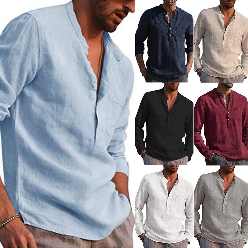 

Men Spring Summer T-shirt Top Casual Male Clothing Solid Color V Neck Long Sleeve Button Pocket T-shirt Top Cotton Linen Shirt