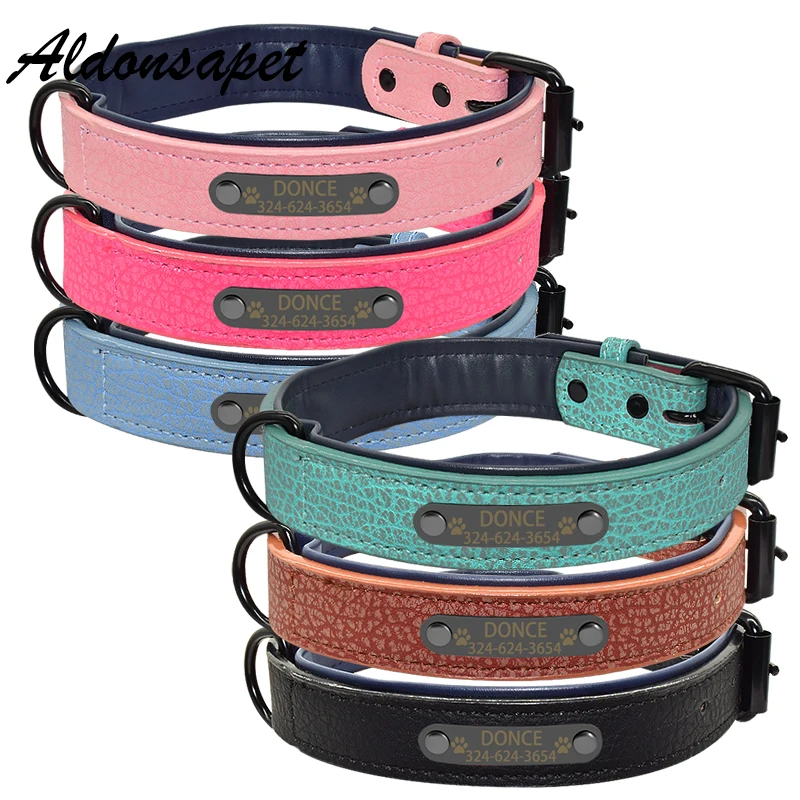 Personalized Name Dog Collar Engraved ID Nameplate Leather Dog Collar