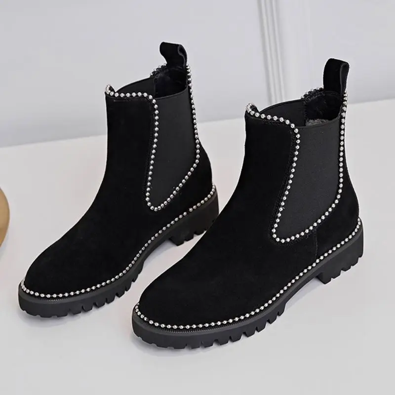 Taoffen Size 34-41 Women Genuine Leather Beads Ankle Boots Chelsea Office Work Party Casual Short Boots Flats Daily Footwear