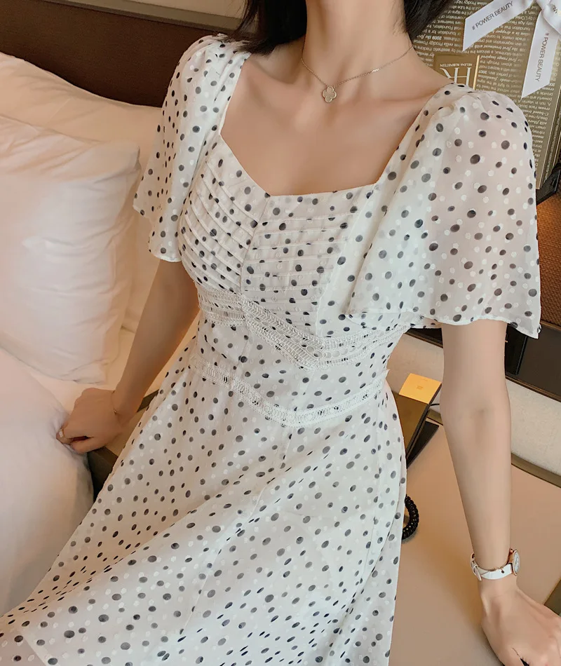 

2020 summer new French wave point dress Knee-Length Office Lady Polyester Sleeveless