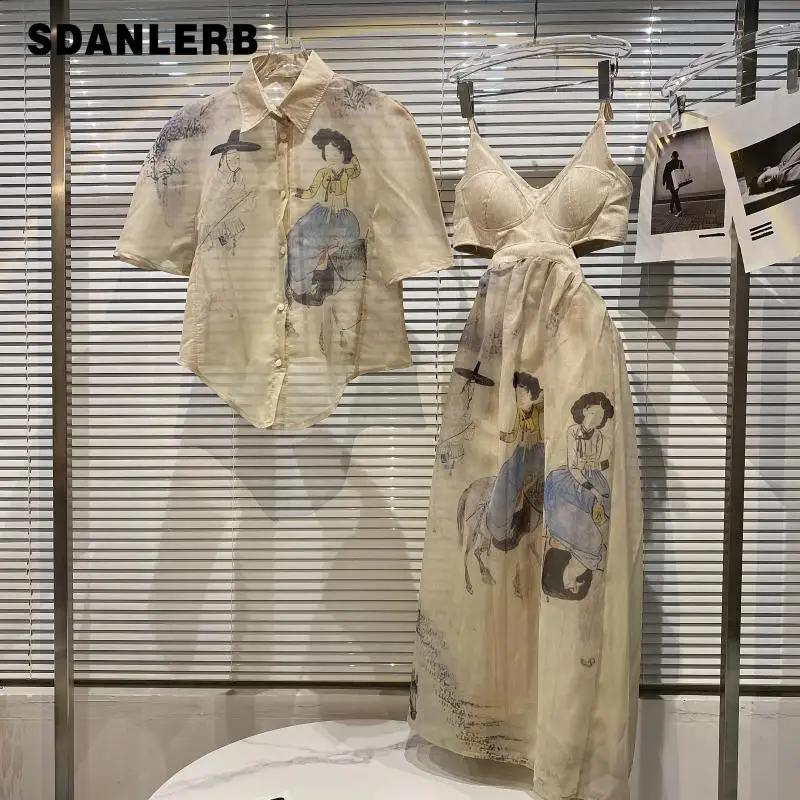 

Новинка лета 2021, комплект из двух предметов, сетчатая рубашка с коротким рукавом и открытой талией с рисунком в стиле древней фигуры, платье ...