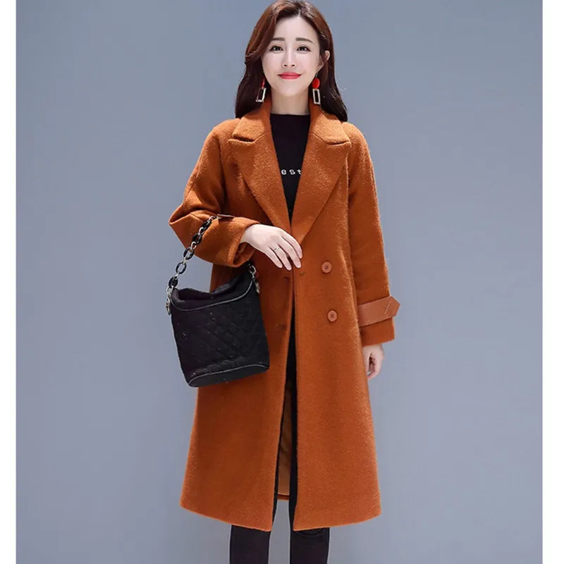 

UHYTGF Winter coat women Mid-length double-breasted autumn winter wool coat solid color wild elegant female jacket plus size1082
