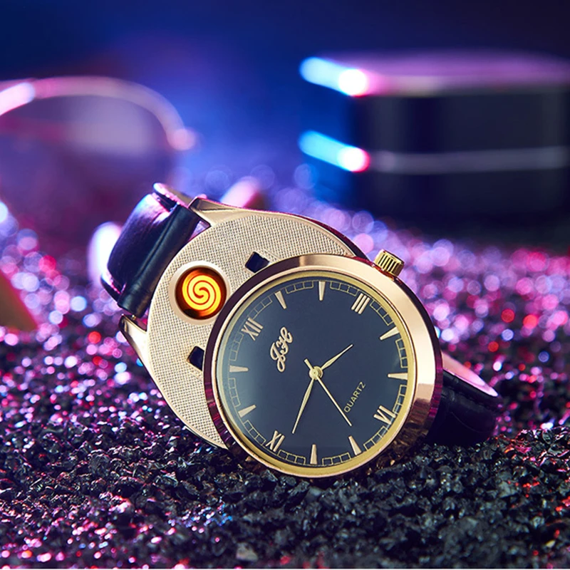 Часы мужские с зажигалкой модные перезаряжаемые USB часы беспламенным кожаным