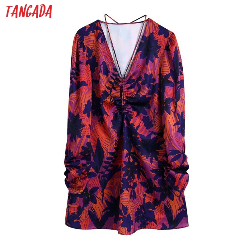 

Tangada 2021 Fashion Women Flower Halter Dress Vintage Long Sleeve Ladies Mini Dress BE758